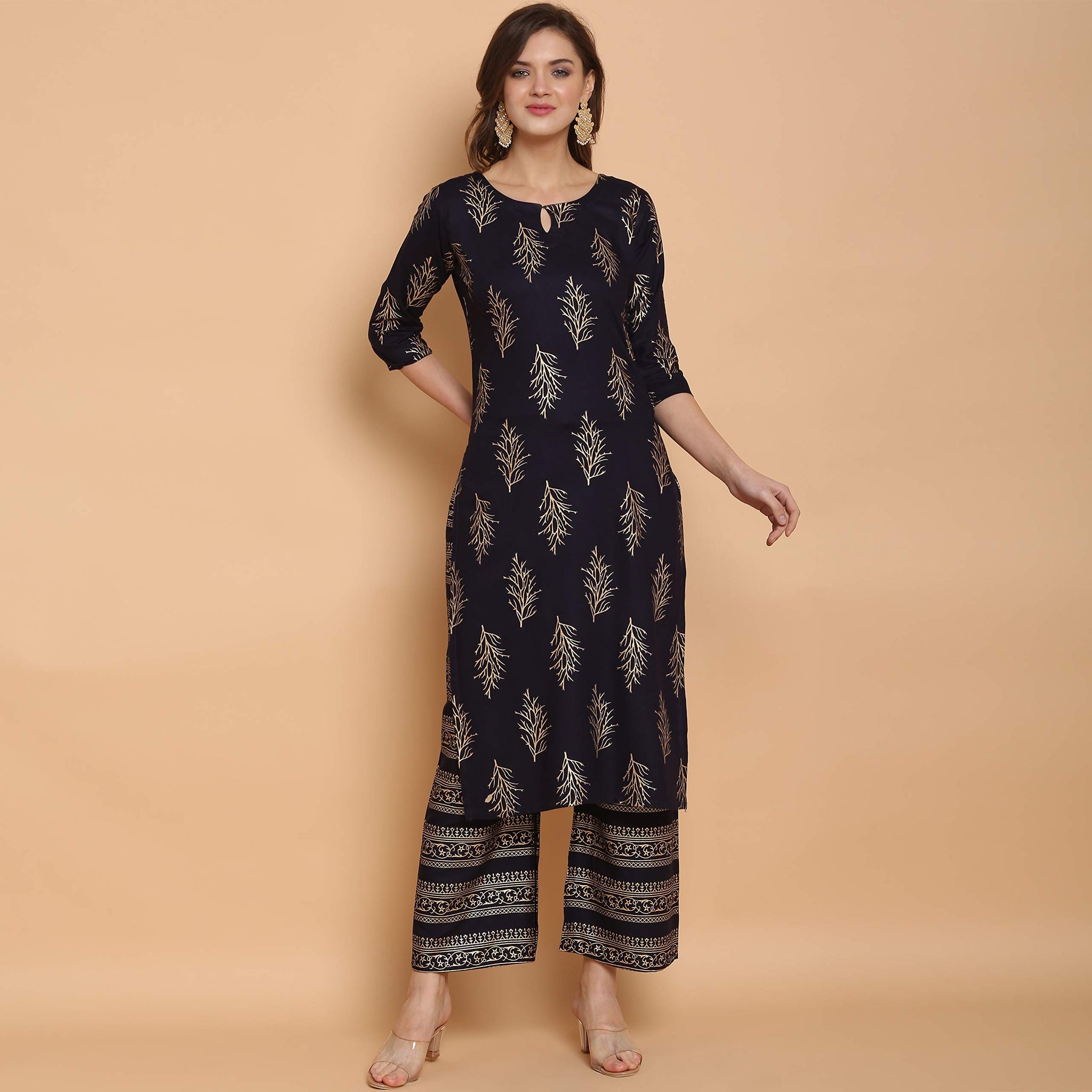 Anni Designer Women'S Rayon Straight Kurta With Palazzo Dark Blue,Dark Blue,2XL,Rayon,Straight,kurta