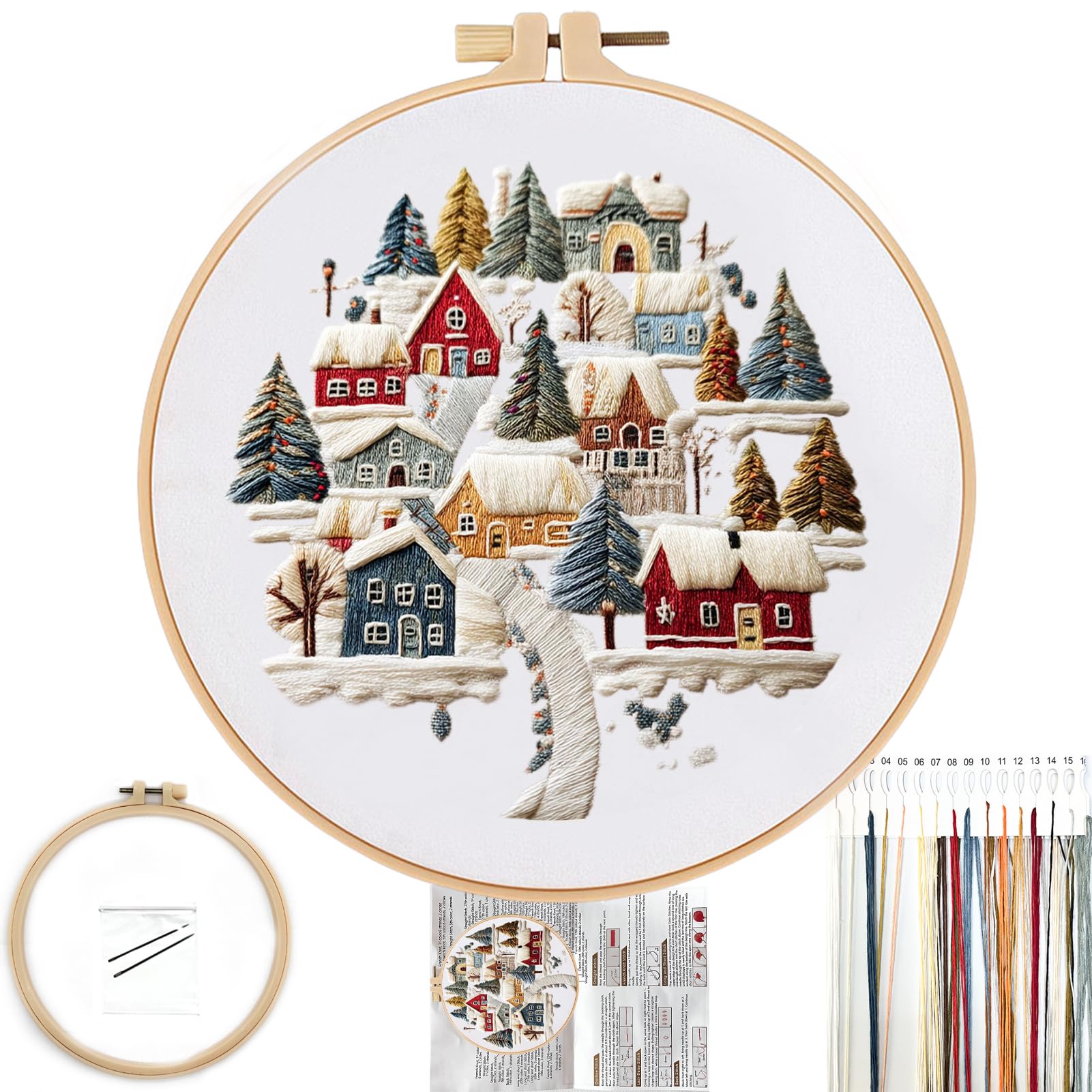 FONNUY Crewel Christmas Embroidery Kit for Beginners, Cross Stitch Set Winter Snow Scene Pine Owl Pattern for Adults, Easy to Fo
