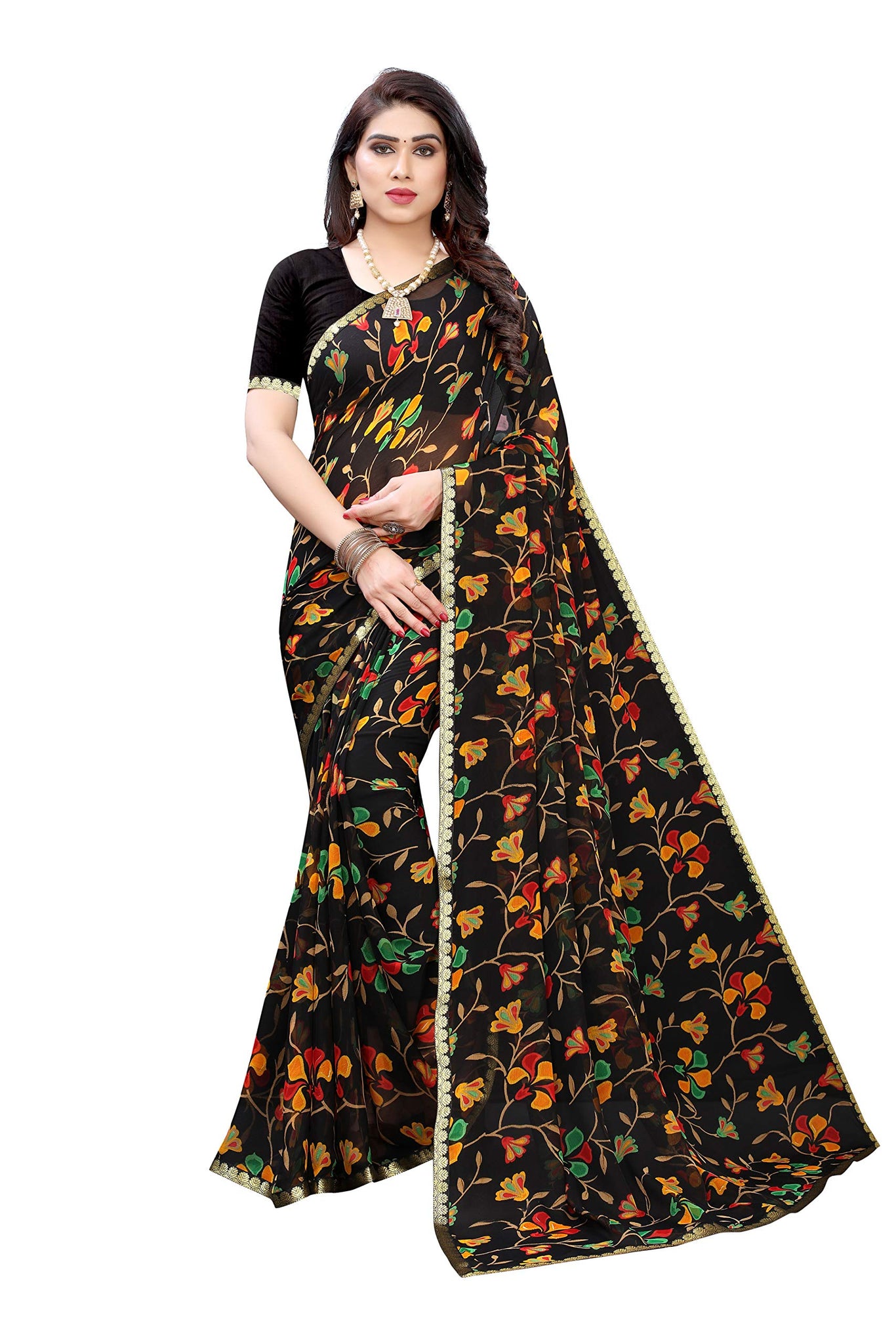 Gosriki Women'S Chiffon Printed Saree With Blouse Piece (Black),Black,,B07L4V115R