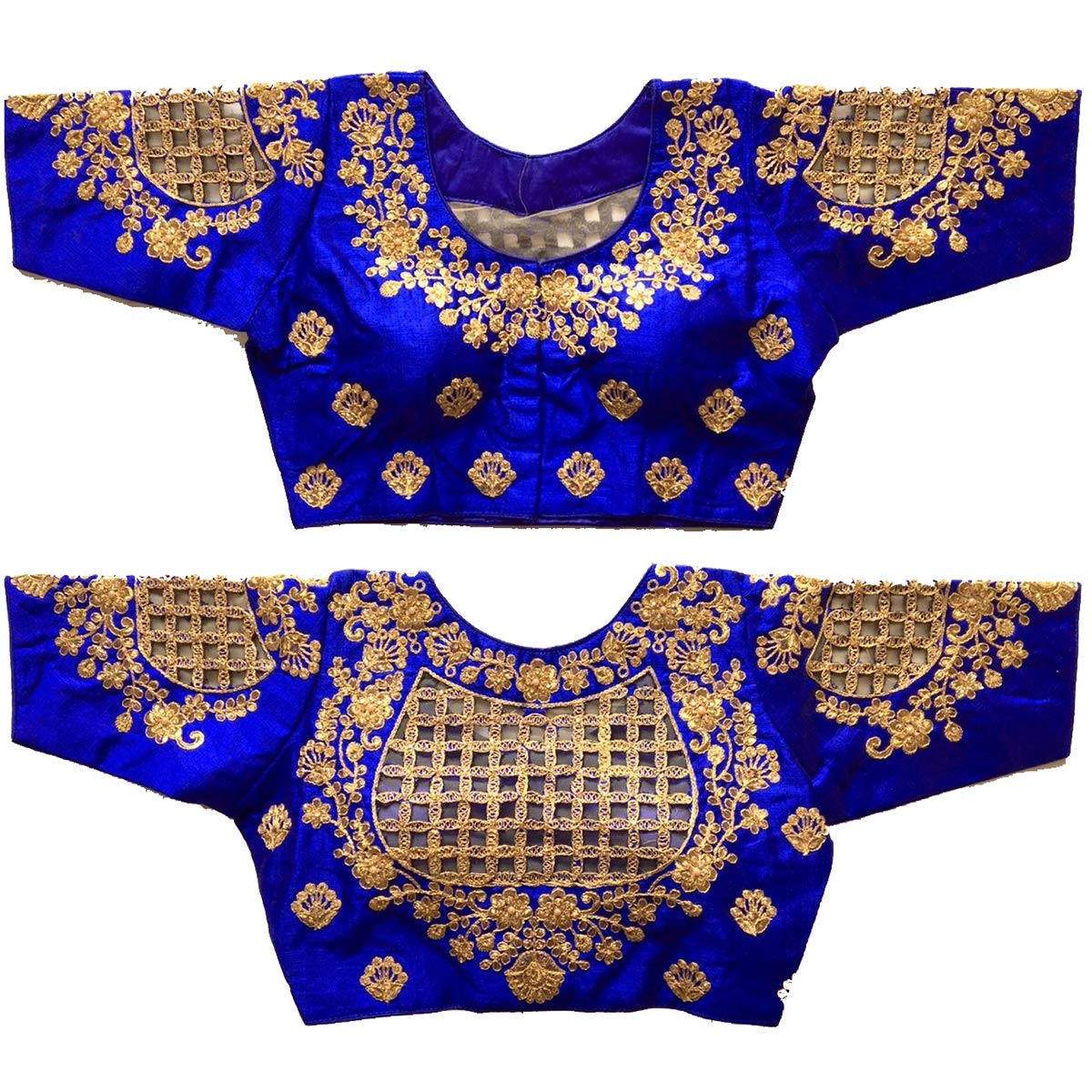 Vihu Fashion Women's Silk Floral Half Sleeve Blouse (Checks Mix_Royal Blue_38)