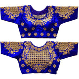 Vihu Fashion Women's Silk Floral Half Sleeve Blouse (Checks Mix_Royal Blue_38)