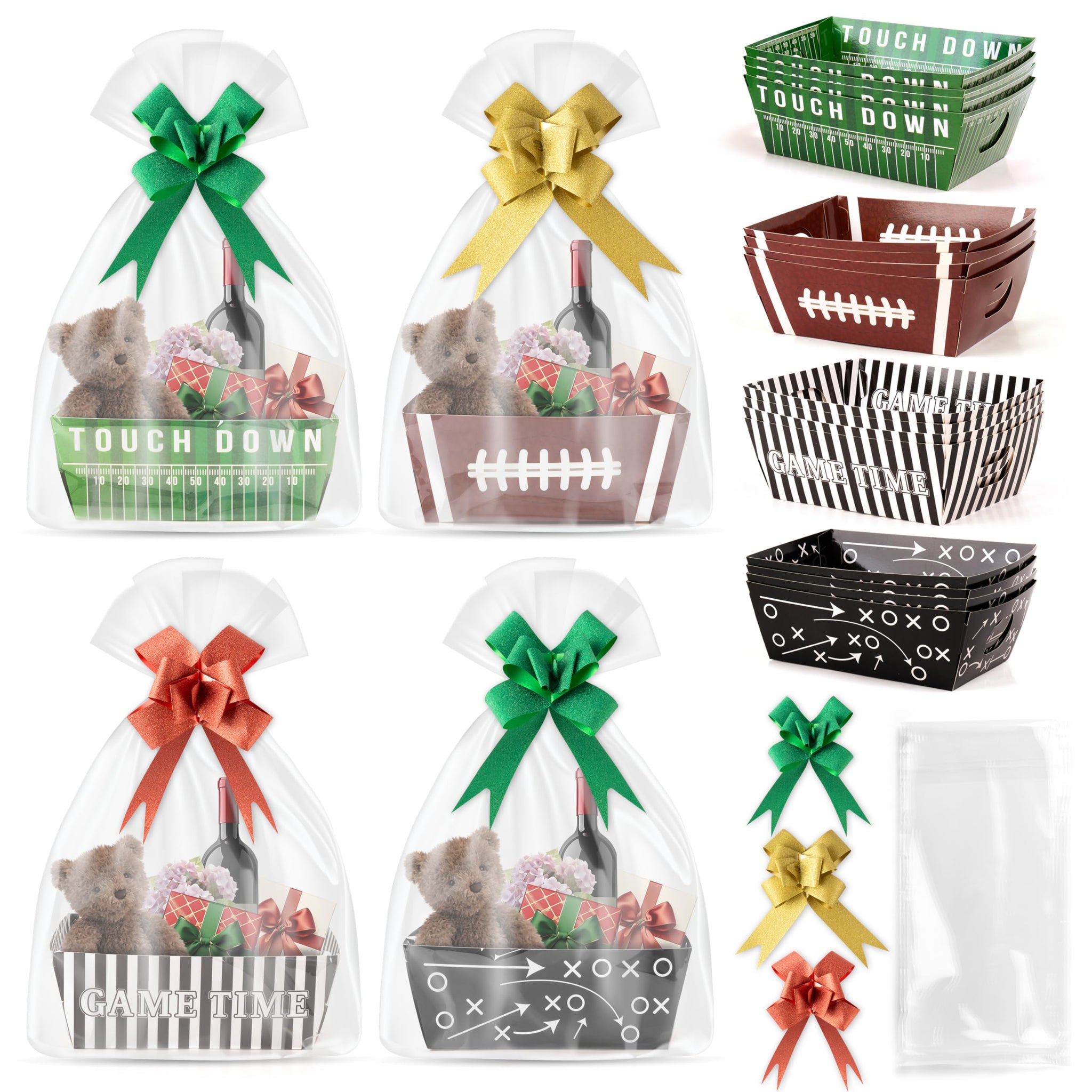 OSNIE 24 Sets Football Baskets for Gifts Empty with Cellophane Basket Bags and Ribbons Bows, Cardboard Basket Tray for Football 
