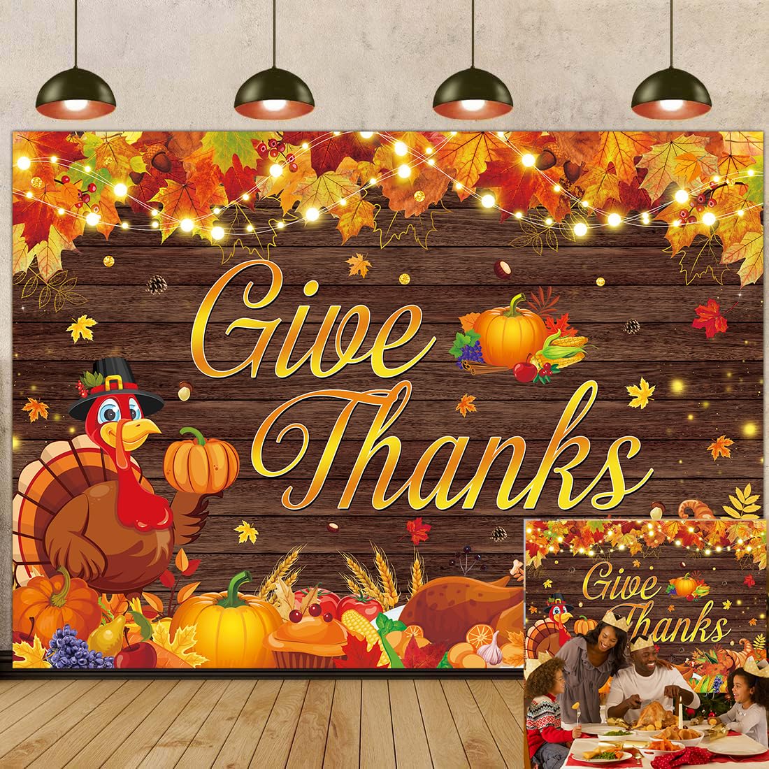 Happy Thanksgiving Backdrop 10x8FT Give Thanks Fall Harvest Photography Background Maple Leaves Turkey Pumpkin Themed Banner for