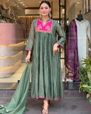 Gosriki Women'S Rayon Viscose Embroidered Anarkali Kurta With Pant & Dupatta (Brics Pista-Gs_M_Pista_Medium),Pista,,B0F1TC7R4X