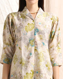 Leriya Fashion Soft Cotton Blend Floral Foil Print Puff Sleeve Shawl Collar Straight Kurta Pant Set For Women Causal Festival Office Shopping Outing Wear For Girls Ethnic Co Ord Set (Medium, Green)