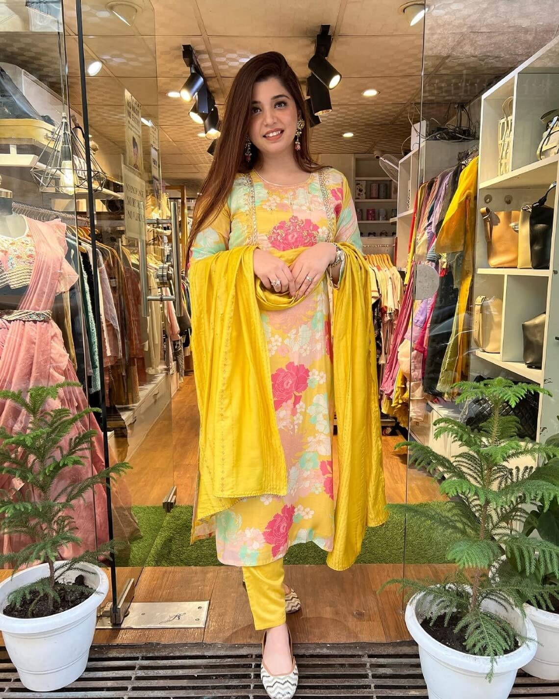 Anni Designer Women'S Cotton Blend Embroidered Floral Printed Straight Kurta With Pant & Dupatta (Litup-Yellow_S_Yellow_Small),Yellow,S,Cotton Blend,Regular,kurta, Dupatta