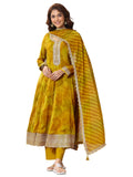 Mustard Floral Printed Anarkali Kurta With Embellishment & Printed Trouser With Leheriya Dupatta