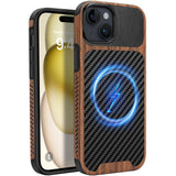 ZZDZZ Magnetic Case Compatible with iPhone 15 Plus Case [Compatible with MagSafe] Wood and Leather Carbon Fiber Design Hybrid Sh