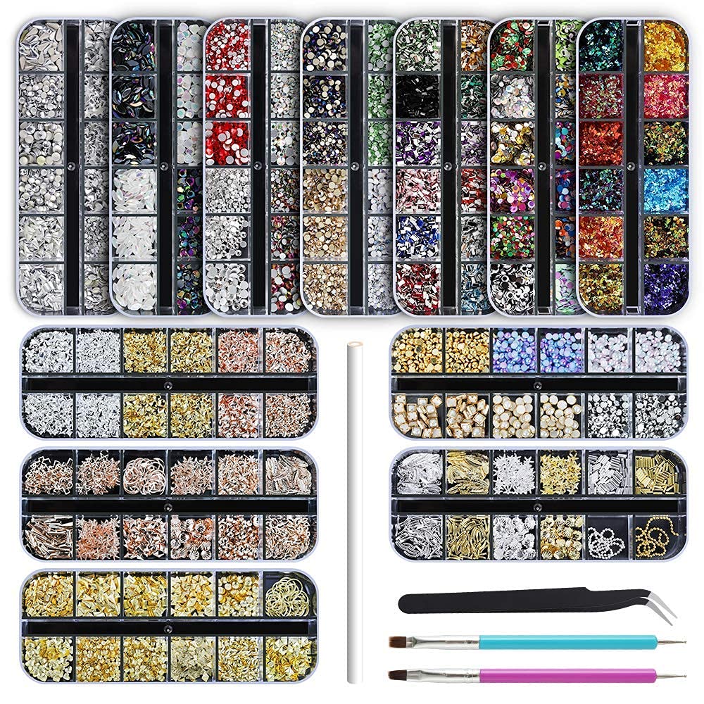 Artdone 12 boxes Nail Rhinestones,Nail Gems Nail Diamonds,Nail Art Studs Nail Crystals Nail Sequins for Nails Kit with 1 Tweezer