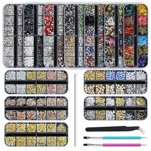 Artdone 12 boxes Nail Rhinestones,Nail Gems Nail Diamonds,Nail Art Studs Nail Crystals Nail Sequins for Nails Kit with 1 Tweezer