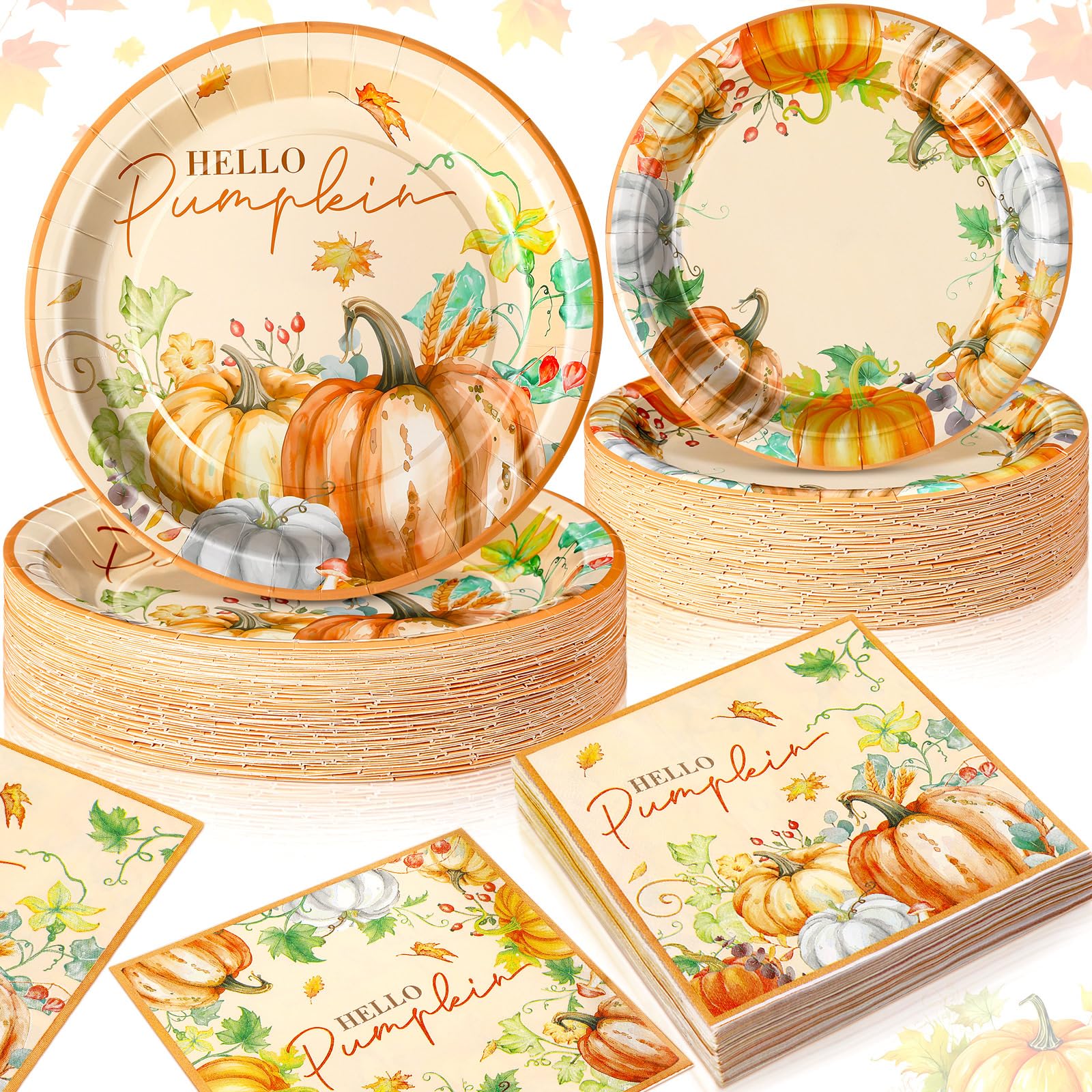 Potchen 180 Pcs Hello Pumpkin Thanksgiving Party Plates and Napkins 7 and 9 Fall Harvest Decorations Disposable Autumn Party