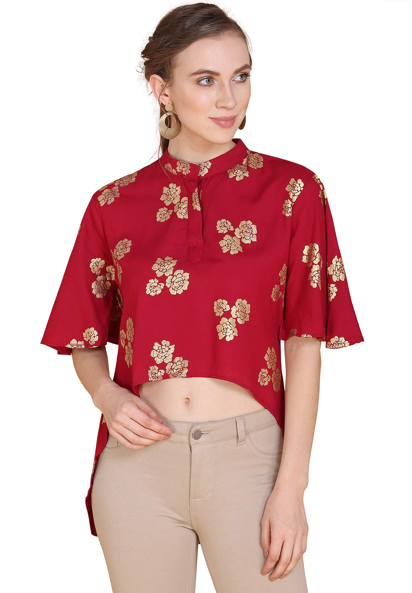 Anni Designer Women'S Red Rayon Crop Top With Gold Foil Print (Dalema Top_M,Red,M