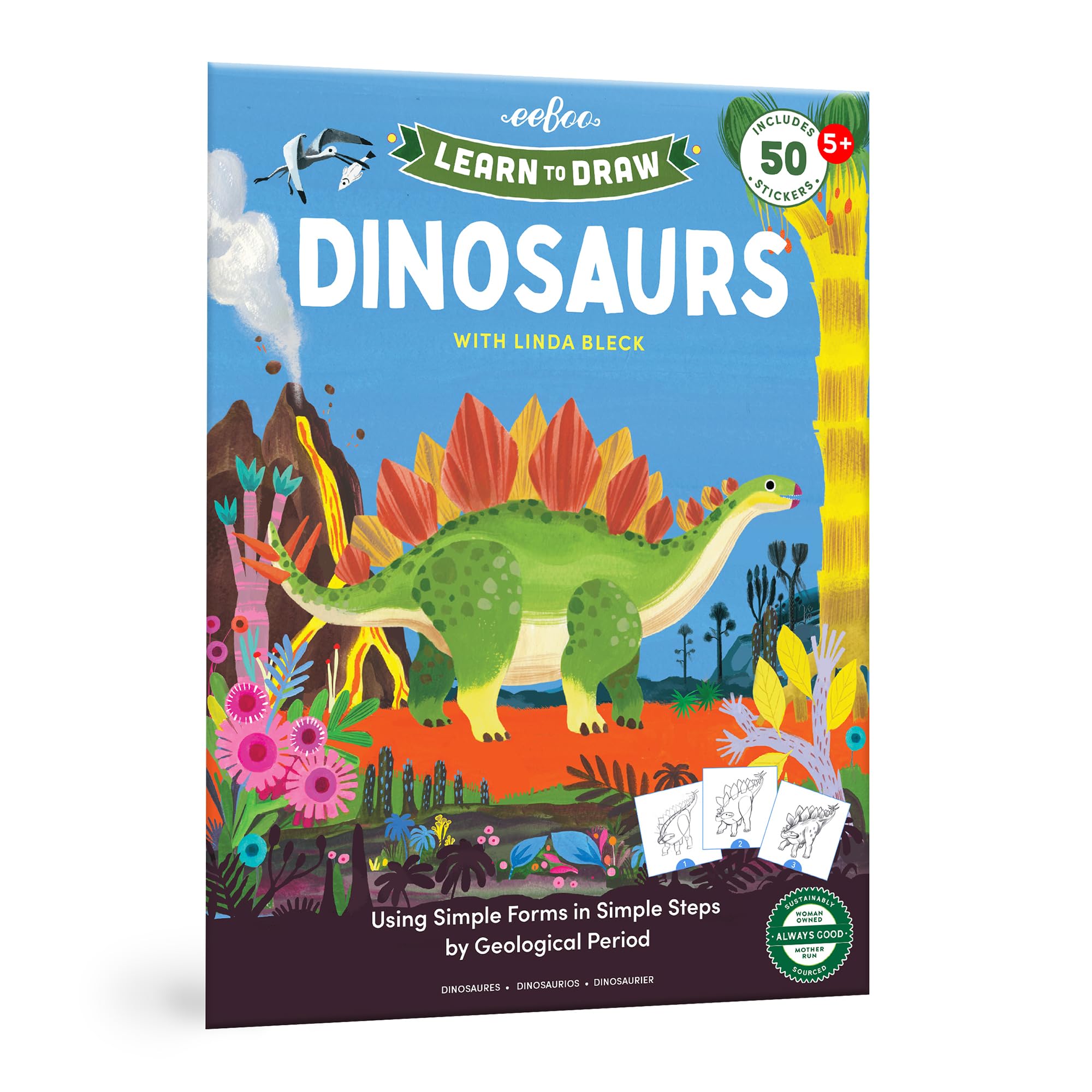 eeBoo: Learn to Draw - Dinosaurs - Drawing Guidebook, 50+ Stickers, Themed Step-by-Step Lessons, Simple Forms in Simple Steps, K