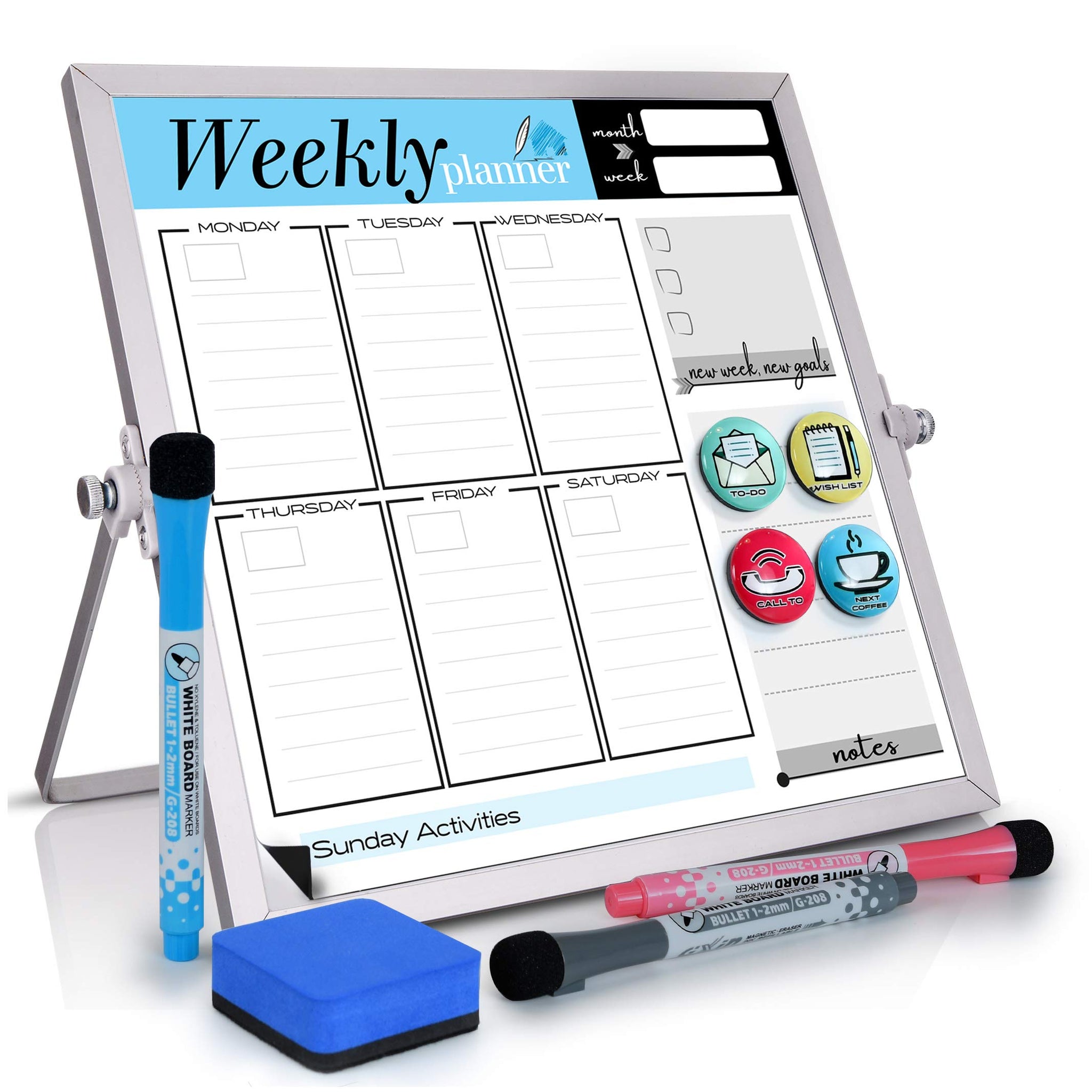 Small Desktop Weekly Planner White Board - Calendar 10x10 Dry Erase Magnetic to Do List Board with Stand, 3 Markers, 4 Magne