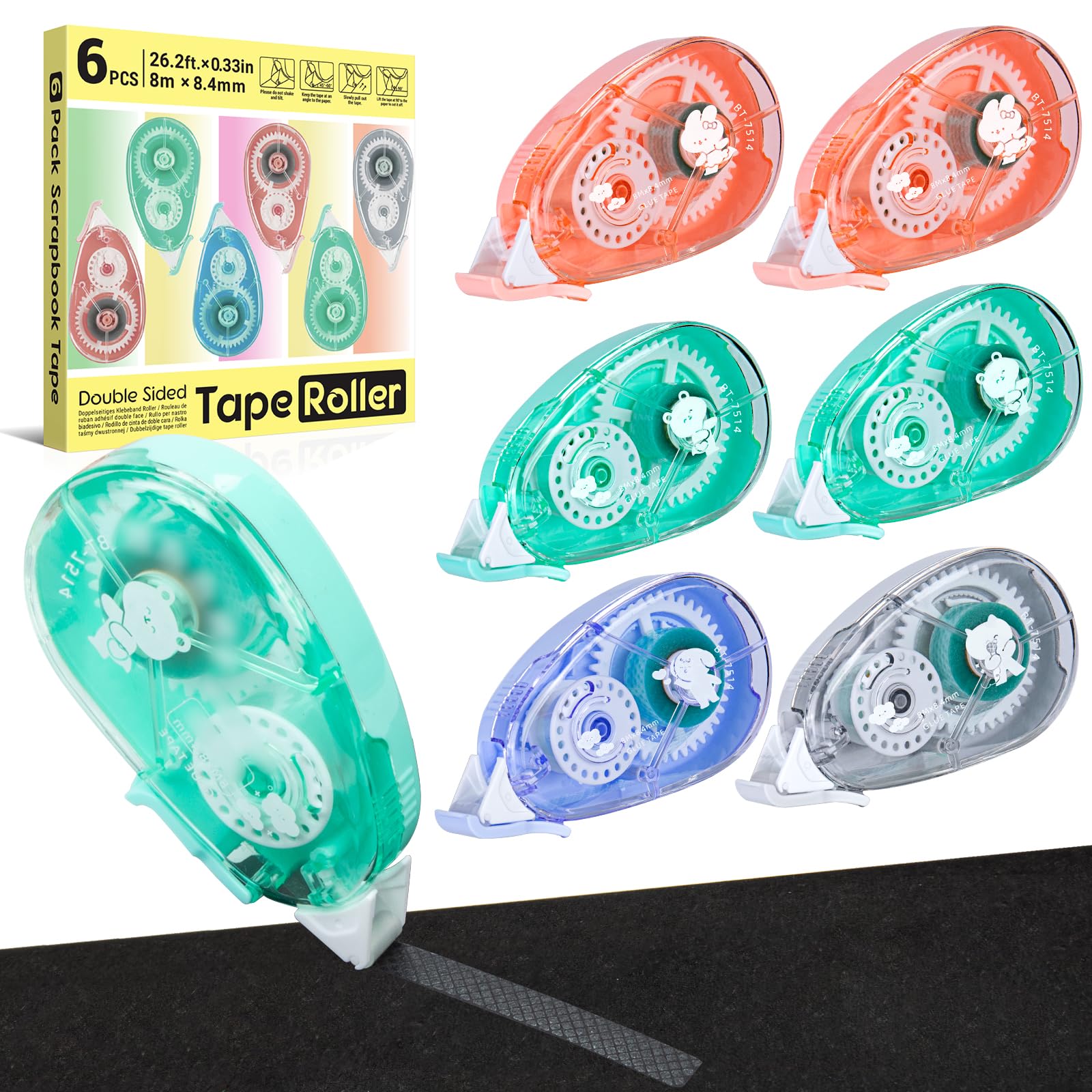 SAKEYR 6 Pack Double Sided Tape Roller, Scrapbook Supplies, Glue Tape for Crafts, 0.33in x 26.25ft Scrapbook Tape, Journaling Su