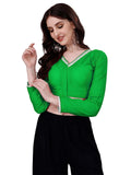 Vihu Fashion Women's Satin Silk V Neck Full Sleeve Stylish Saree Blouse Green(Tanya 3 Green)