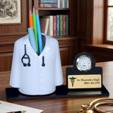 Giftationery Medical Theme Desk Organizer with clock personalized gift to a doctor Pen Stand | Unique Apron/Coat Shape Pencil