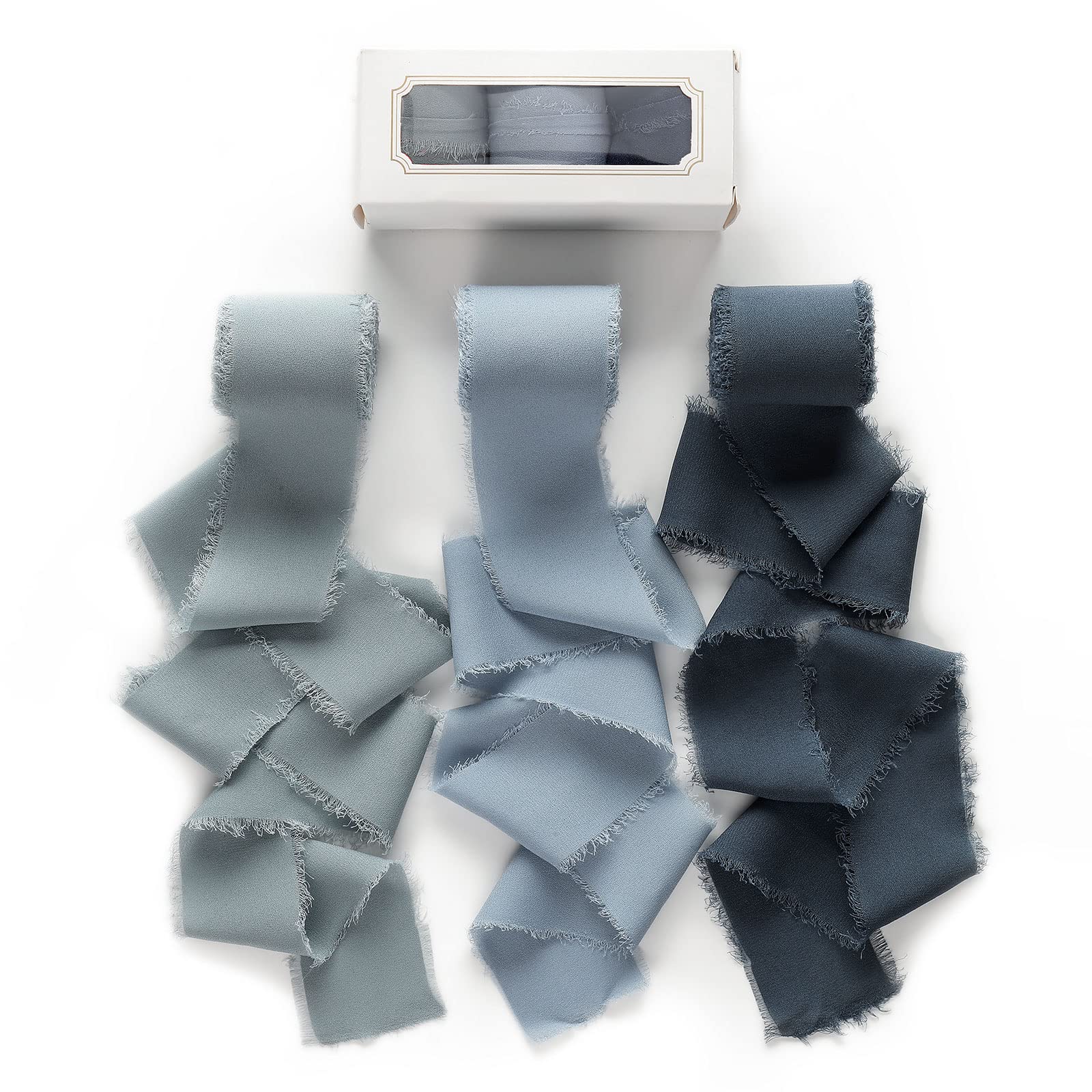 Pretty Jolly Chiffon Ribbon for Gift Wrapping 3 Rolls 2 Inch x 7Yd Dustyblue Silk Ribbons Set Handmade Fringe Fabric Ribbon for 