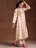 Libas Womens Printed Cotton A-Line Kurta With Palazzos Beige M 36755O