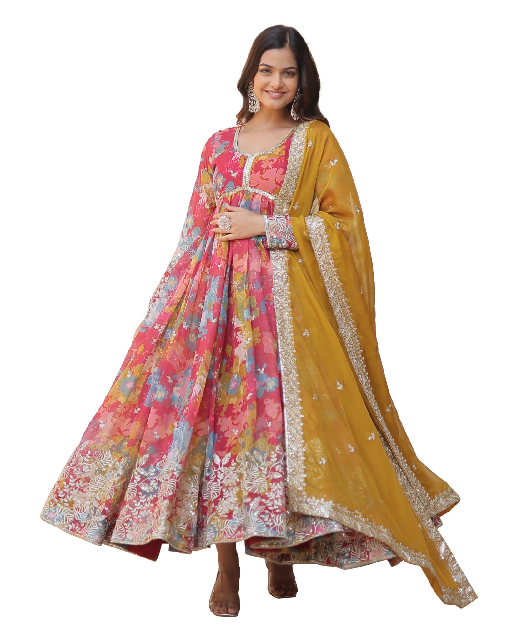 Fashion Basket Women's Pink Georgette Anarkali Kurta Set (XX-Large, Pink)