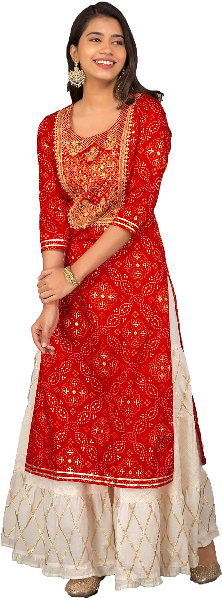 Anni Designer Womens Red Color Embroidery Bhandhani Kurta & Gold Printed Sharara,Red,2XL