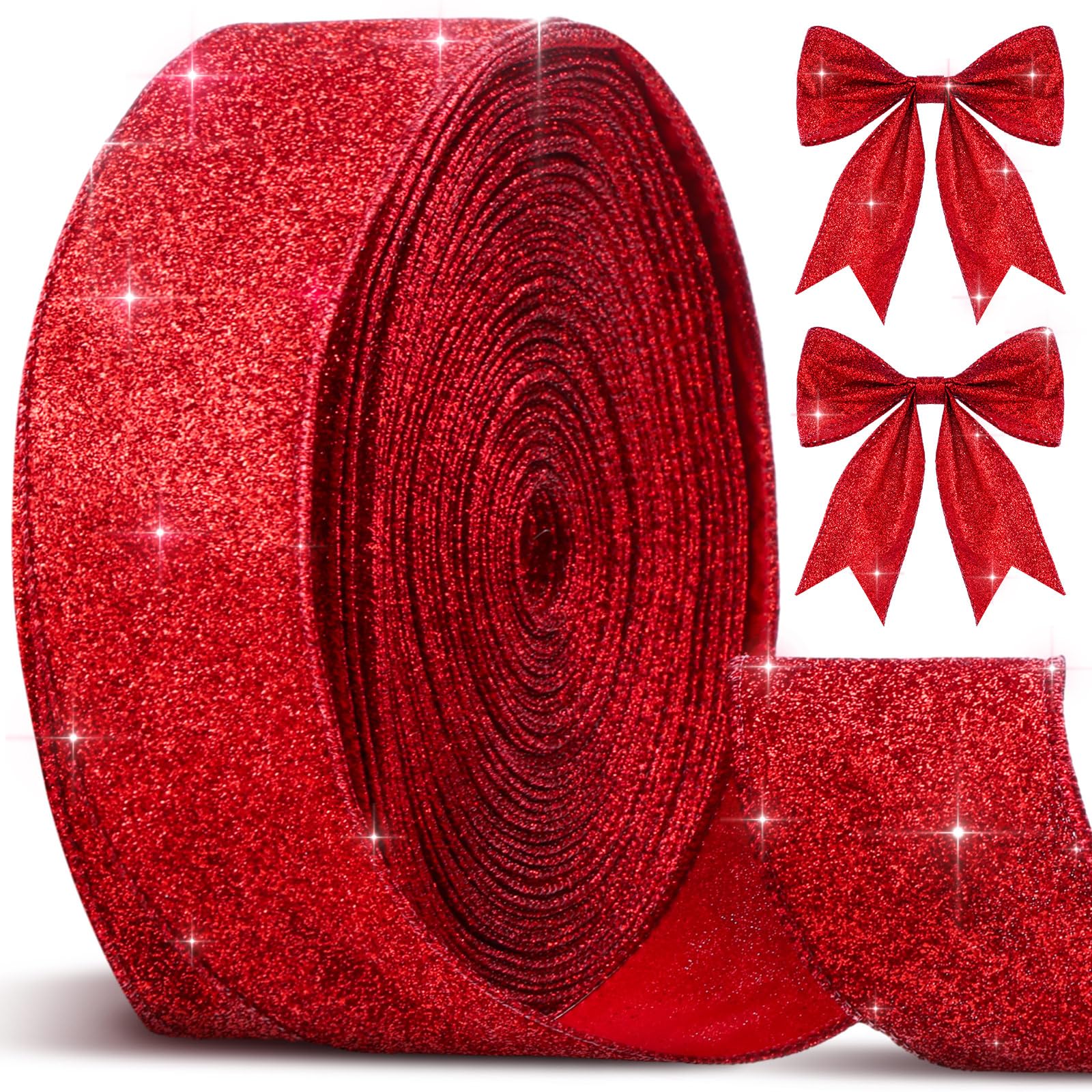 Cindeer 50 Yards Christmas Red Glitter Ribbon 2.5 Inch Metallic Diamond Bling Wired Edge Ribbon Fabric Decorative Bowknots for H