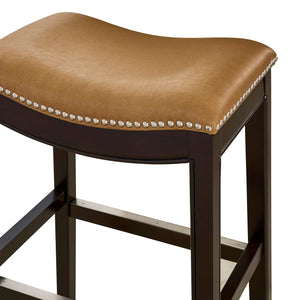 New Ridge Home Goods Julian 26In. Counter-Height Backless Wood Saddle-Seat Barstool, Espresso Frame With Tan Upholstered Seat