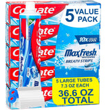 Max Toothpaste with Mini Breath Strips | Cool Mint | 5 Large Tubes of 7.3 oz (Total 36.5 oz) | Whitening | Fluoride Cavity Prote