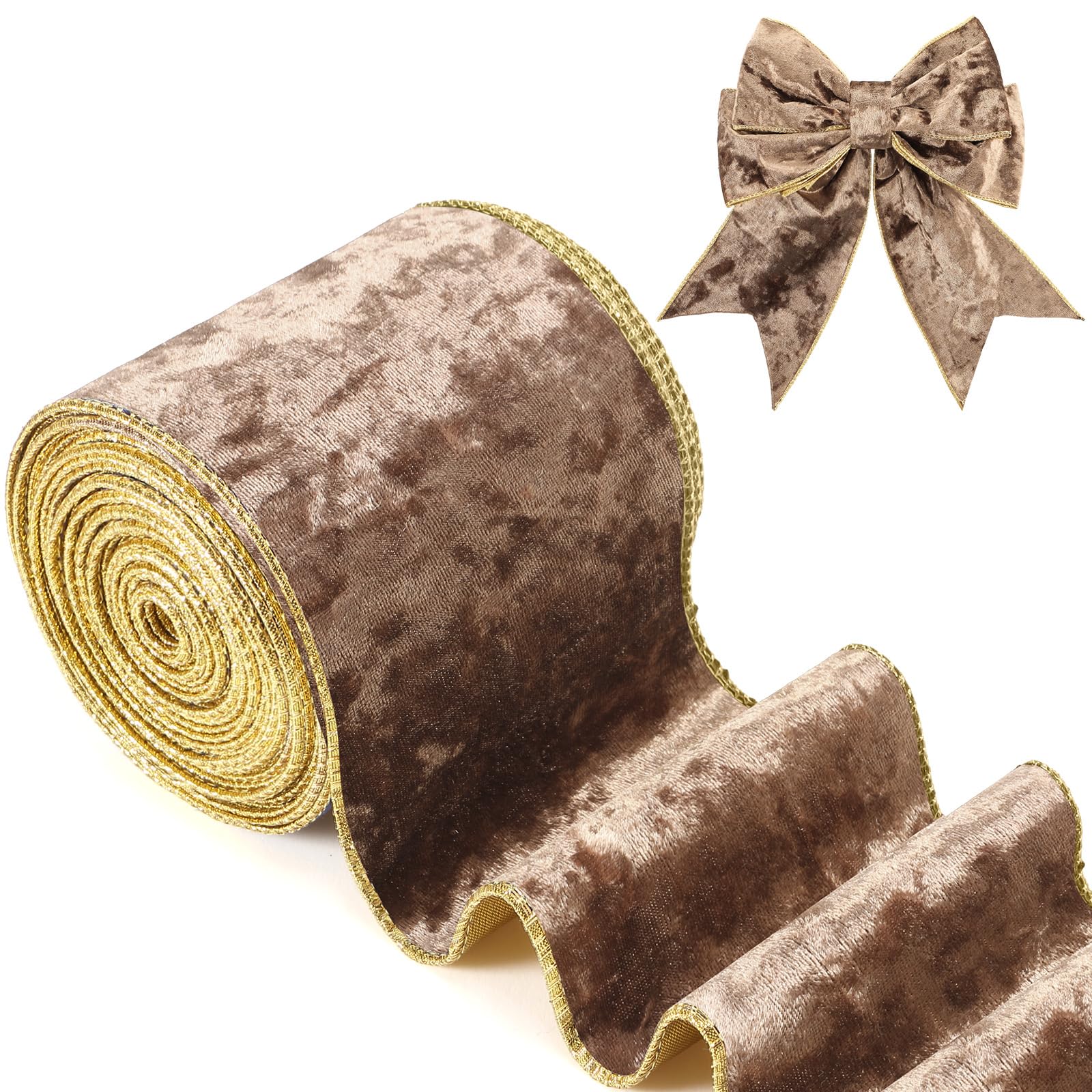 Riceshoot Christmas 4 Inch Velvet Ribbon 10 Yards Camel Wide Wired Velvet Ribbon with Gold Edge for Wrapping Bow Gift Box DIY