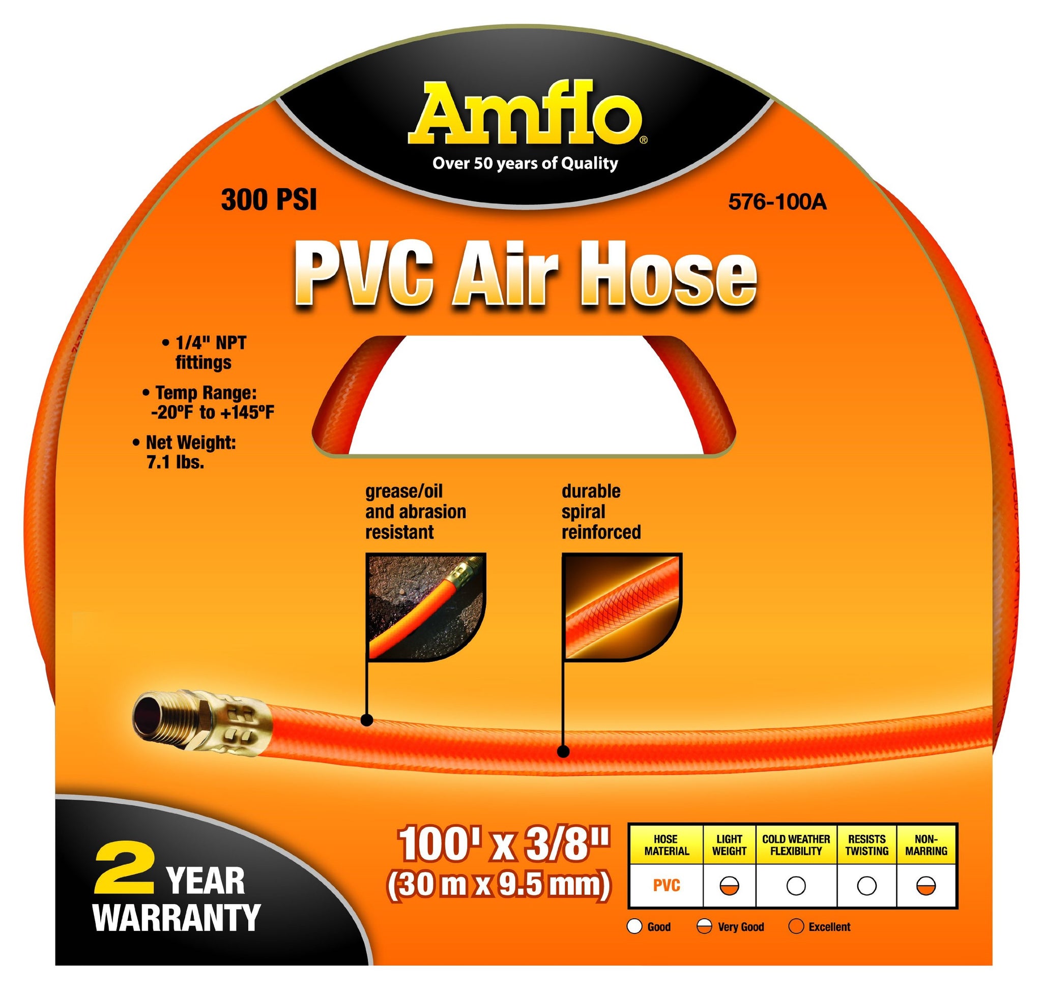 Amflo 576-100A Orange 300 Psi Pvc Air Hose 3/8'' X 100' With 1/4'' Mnpt End Fittings