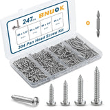 BNUOK 247Pcs Pan Head Wood Screws Assortment Kit, #6#8 Stainless Steel 304 Self Tapping Screws Set, Phillips Drive, Sheet Metal 
