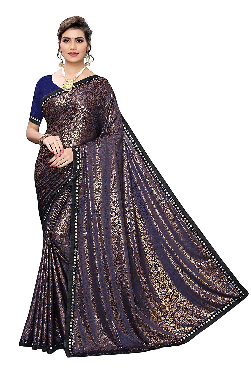 Anni Designer Black Color Lycra Golden Flower Print Saree With Blouse Piece (Mithunjay_Black_Free Size),Black,Free