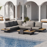 homary Outdoor Patio Conversation Sets, 6 Piece Aluminum & Teak Patio Sectional Sofa Set Outdoor Furniture with Adjustable Backr