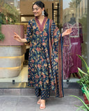 Anni Designer Women'S Rayon Blend Anarkali Printed Kurta With Palazzo & Dupatta (Cia Blue-Vks01_M_Blue_Medium),Blue,M,,,