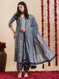 Anni Designer Women'S Rayon Blend Straight Hand Block Printed Kurta With Pant & Dupatta (Ragsri Grey-Vks03_S_Grey_Small),Grey,S,,,