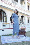 Anni Designer Women'S Cotton Blend Traditional Straight Printed Kurta With Pant Set (Thaya Blue-Jan40_S_Blue_Small),Blue,S,Cotton Blend,Regular,Pants