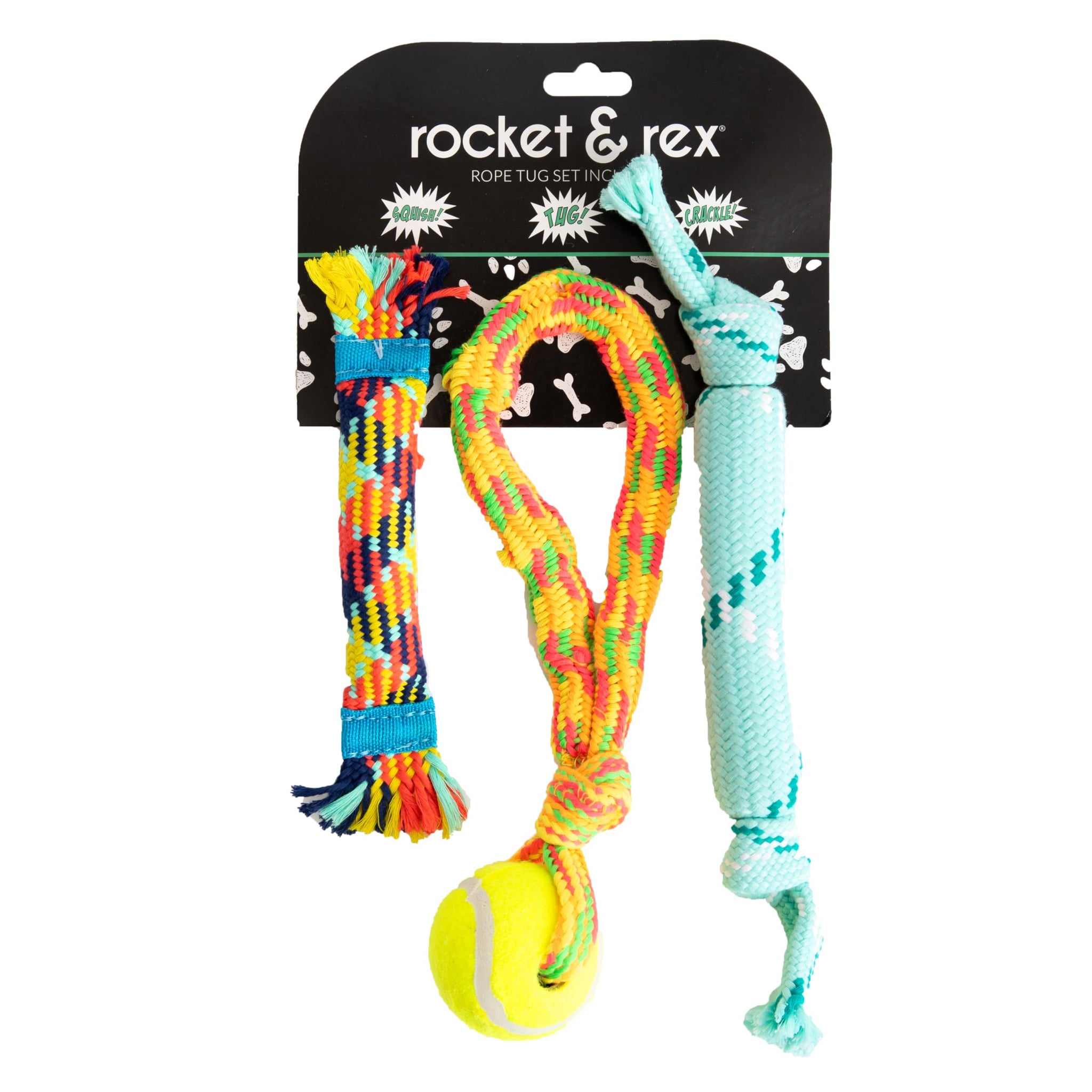 rocket & rex Dog Chew Toy Set for Small to Medium Breeds, Includes a Rope, Rubber Squeaker and Plush Toy with Ball, Reduces Dest