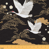 Crane Fabric by The Yard,Japanese Style Ukiyeo Decorative Fabric for Upholstery and Home DIY Projects,Golden Clouds Geometric Pa