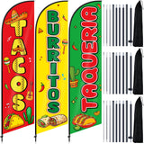 Remagr 3 Pcs Tacos Burritos Feather Flag 11 ft Mexican Food Swooper Flag Mexican Restaurant Advertising Feather Banner with Pole