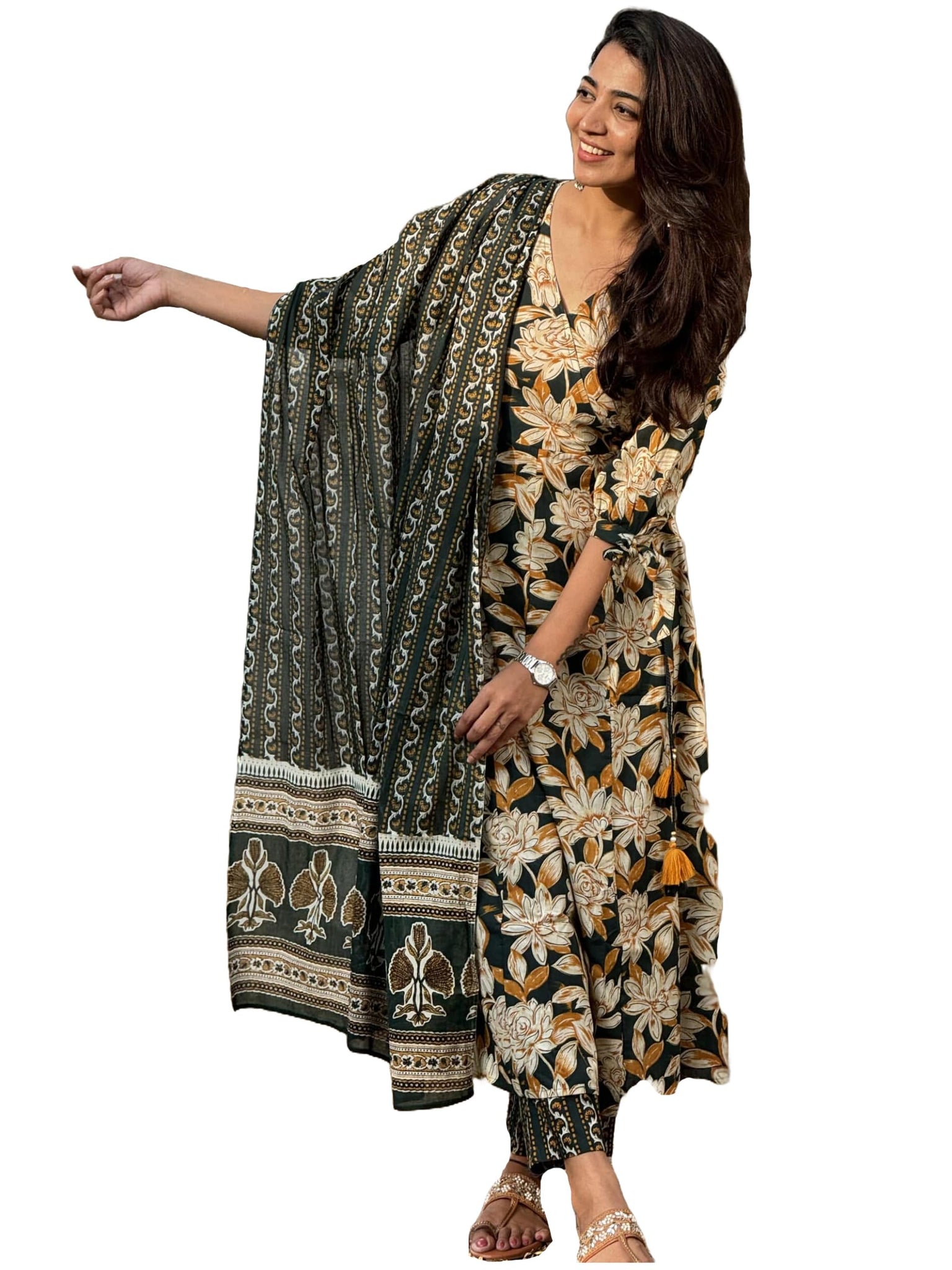 Gosriki Women'S Rayon Blend Anarkali Printed Kurta With Pant & Dupatta (Kajiyana Multi-Gs_L_Multi_Large) Multicolour,Multicolour,,B0DD76SSS6