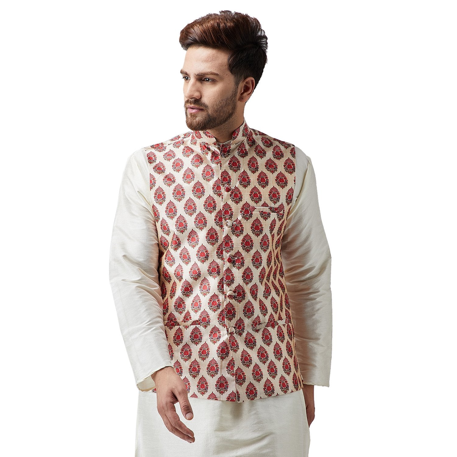 Sojanya (Since 1958, Men'S Silk Blend Maroon Printed Only Nehru Jacket, Size: L