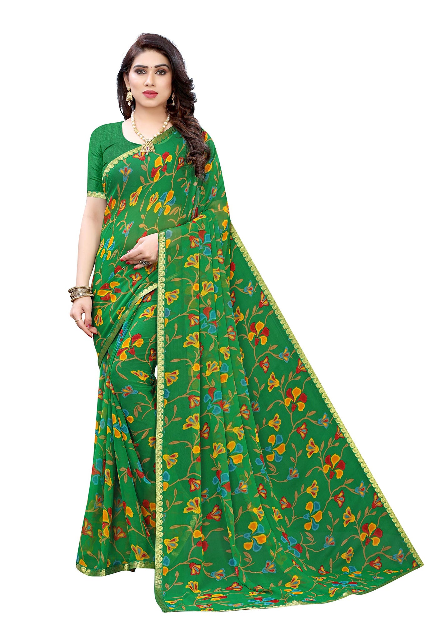 Anni Designer Women'S Pure Chiffon Printed Saree With Border And Blouse Piece (Green),Green,Free