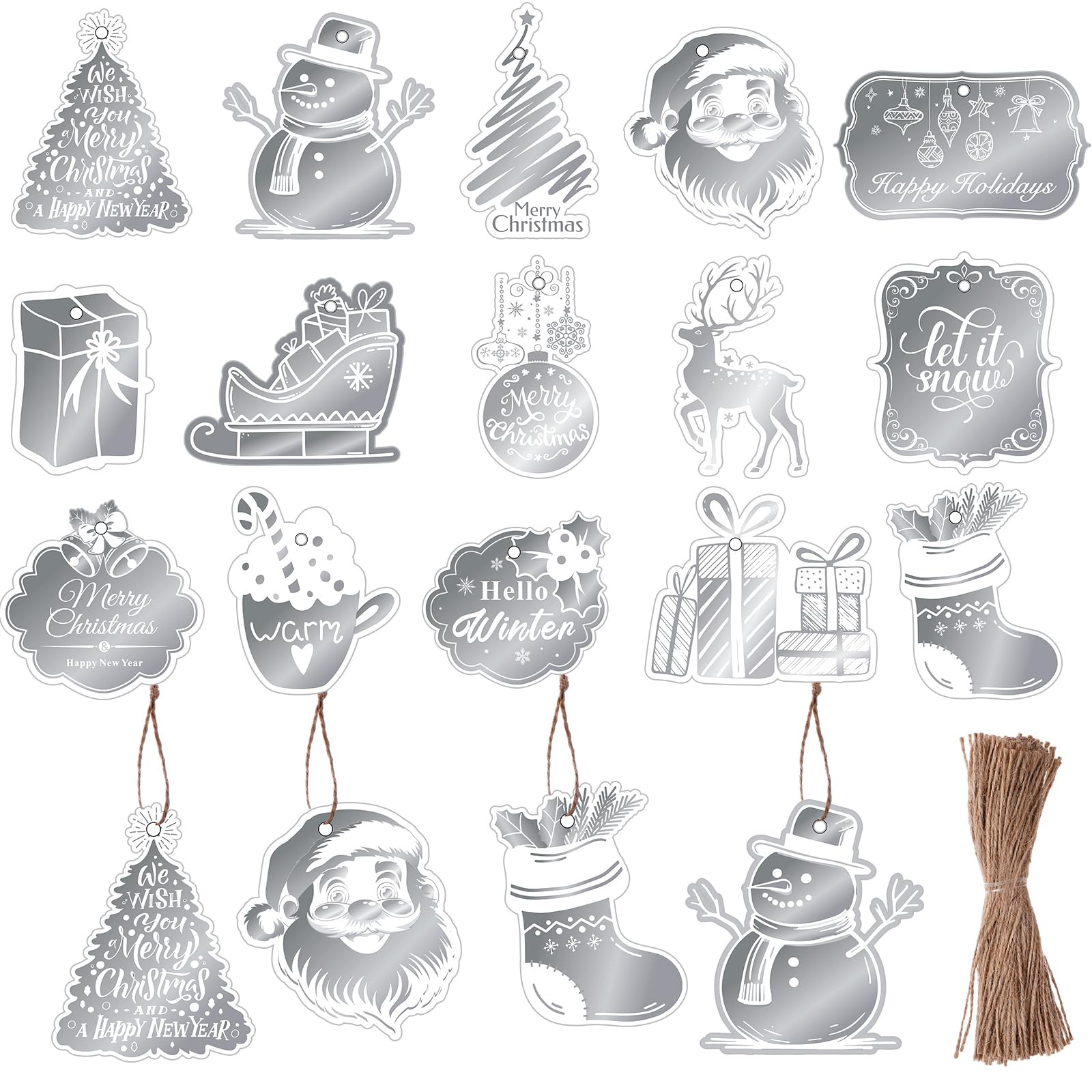 Containlol 120 Pcs Christmas Paper Gift Tags Xmas Silver Name Tags Double-Sided Christmas Shaped Label Cards with Rope Santa Cla