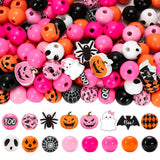 Whaline 235Pcs Halloween Wooden Beads Pumpkin Face Boo Ghost Bat Spider Craft Bead Pink Orange Round Loose Beads for DIY Crafts 