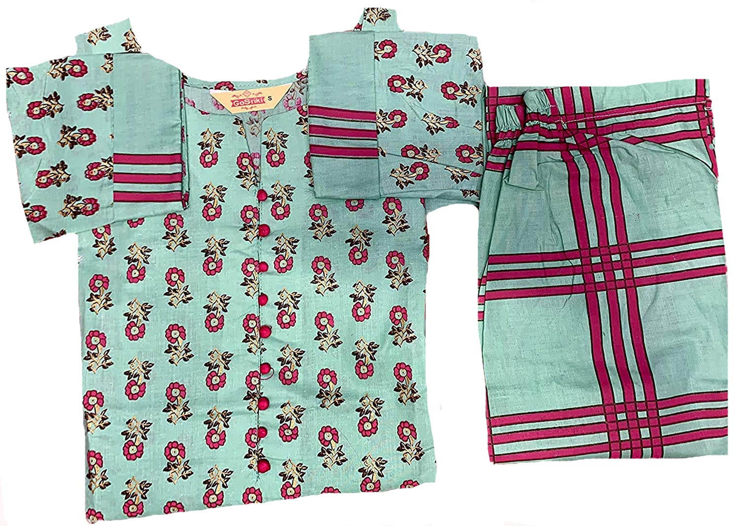 Gosriki Women'S Green & Pink Floral Printed Kurta With Trousers,Multicolour,2,B08QD59C65