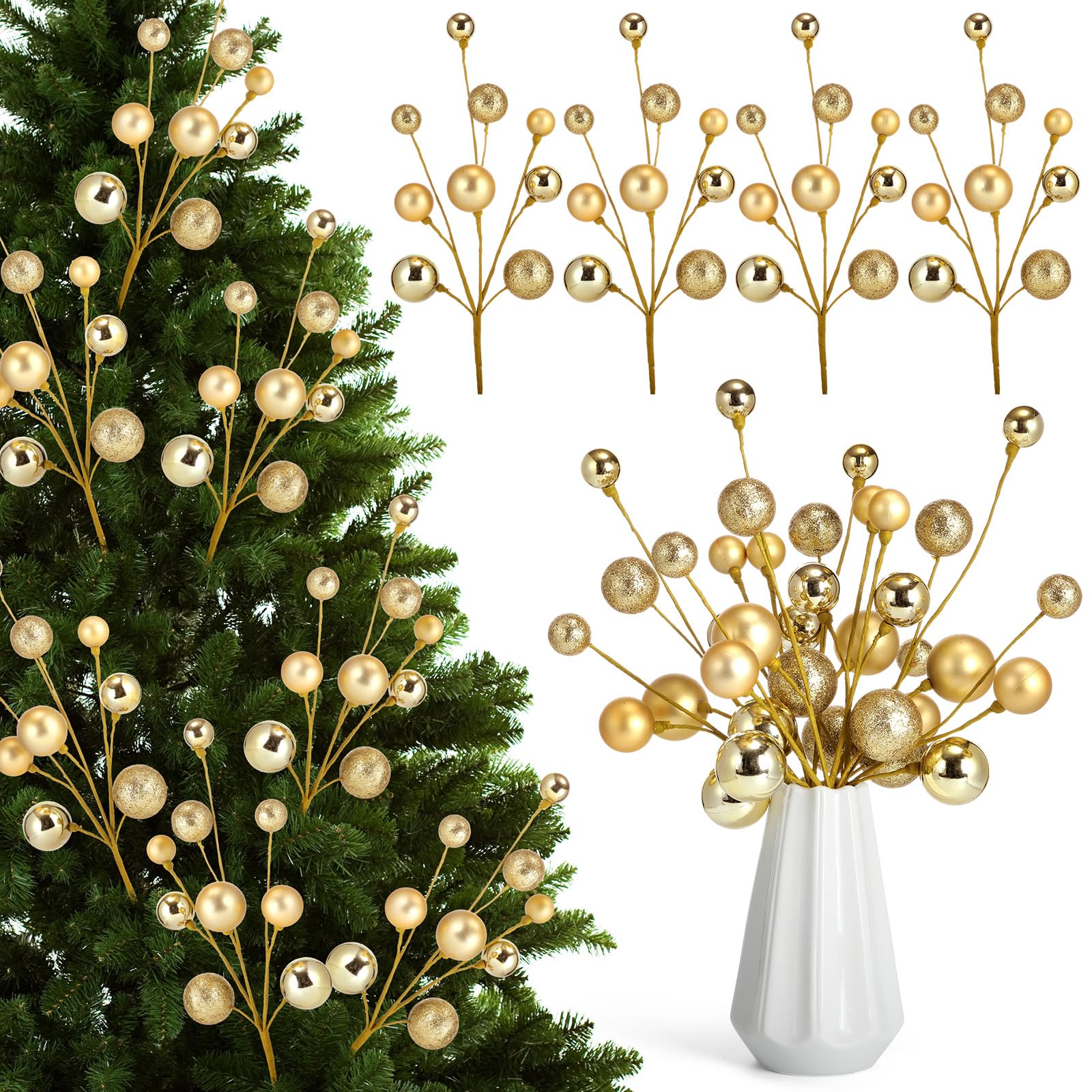 Suncalla 4 Pcs 15 Inch Gold Christmas Tree Picks Xmas Glitter Ball Christmas Tree Decorations Artificial Stems for Xmas Topper O