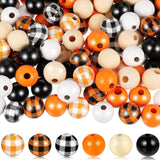 200 Pieces Halloween Wood Beads Buffalo Plaid Yellow Orange Black Wood Spacer Beads Round Rustic with Rope for Halloween Garland
