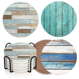 Britimes Coaster for Drinks Set of 6, Retro Wood Absorbent Round Ceramic Stone Mat, with Cork Base and Metal Holder, Gift for Ho