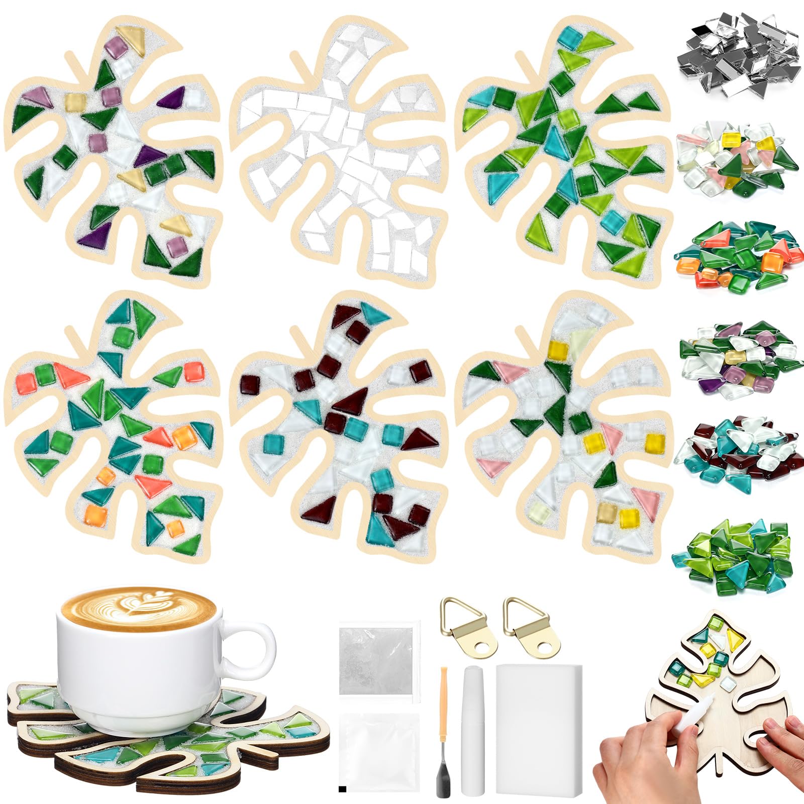 Honeydak 6 Sets DIY Leaves Glass Mosaic Tiles with 6 Sets Leaves Wooden Coasters Making Mosaic Crafts Materials Package Mixed St