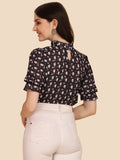Wedani Women'S Casual Puff Sleeves Ruffled Collor Foral Top (Large Black-2),Black-2,L,Rayon,Regular,